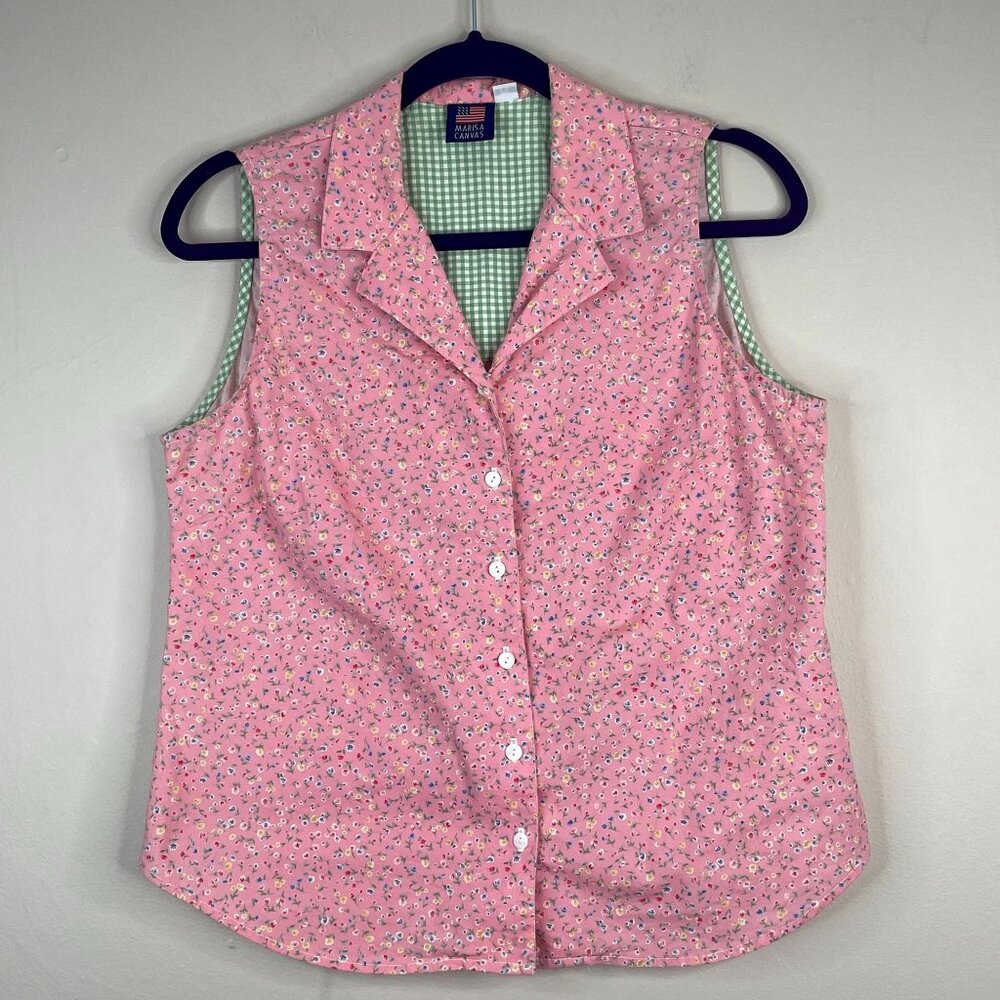 Vintage 90s Camp Shirt Top Womens PLarge‎ Ditsy Garden Floral Sleeveless Button